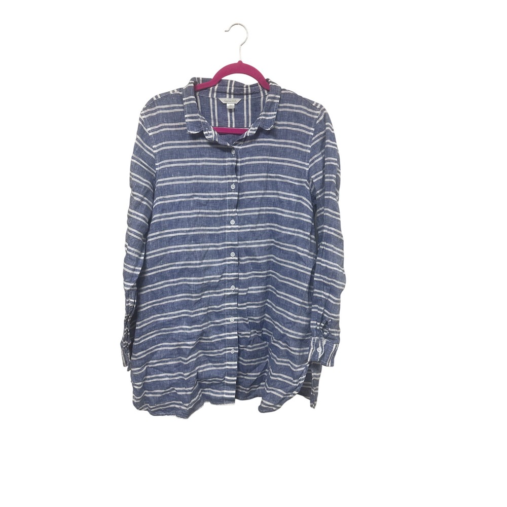 Garnet Hill Womens Blue White Striped 100% Linen Button Down Tunic Shirt Large